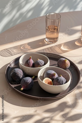 Fresh Figs on a Pink Tray With a Glass of Water and Sunlight