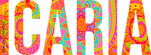 Icaria island text title with floral doodle pattern. Unique place name vector design, use for article header, merch print, travel blog, postcard, wall art print  .