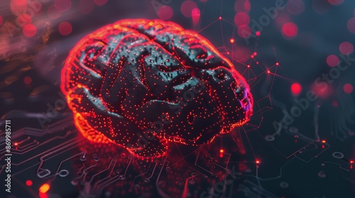 A digital illustration depicting a human brain integrated with circuit patterns and glowing nodes photo