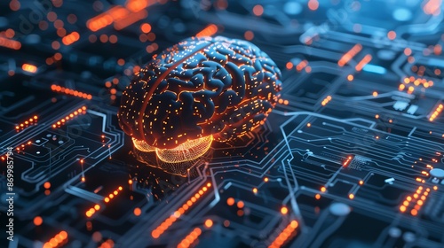 A digital illustration depicting a human brain integrated with circuit patterns and glowing nodes