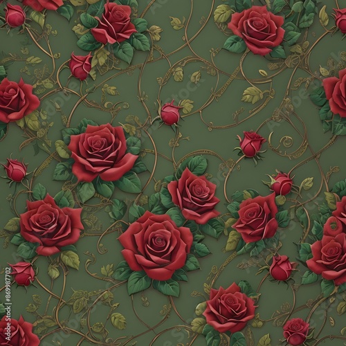 Wallpaper Mural An elegant illustration featuring a pattern of vibrant red roses intertwined with delicate, golden vines and lush green leaves Torontodigital.ca