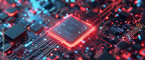 Closeup of a Computer Chip With Red and Blue Lights