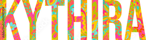 Kythira island text title with floral doodle pattern. Unique place name vector design, use for article header, merch print, travel blog, postcard, wall art print  .
