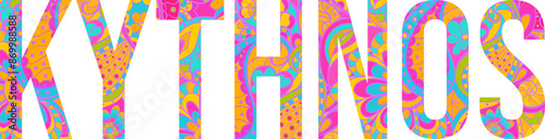 Kythnos island text title with floral doodle pattern. Unique place name vector design, use for article header, merch print, travel blog, postcard, wall art print  .