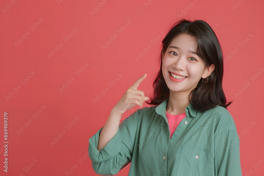 Happy asian Woman in Green Shirt Pointing with Joy Happy asian Woman in Green Shirt Pointing with Joy