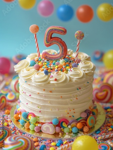 Birthday cake with prominent numeral 5 on top surrounded by bright frosting and candy accents 🎂✨ Creates a festive atmosphere filled with happiness and laughter perfect for any celebration