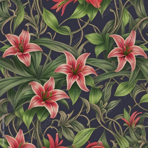 An intricate illustration featuring a pattern of vibrant pink lilies surrounded by lush green foliage © lacrimastella