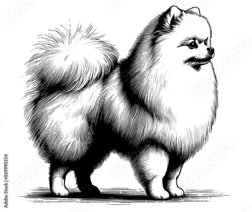 Hand drawn Cute Pomeranian dog in full-body, vector sketch isolated on white background.