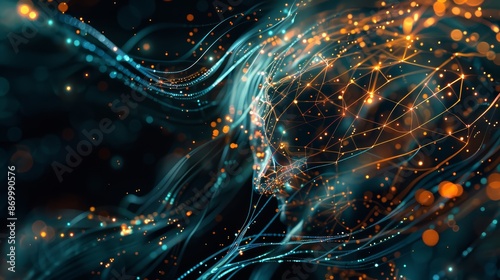 A dynamic illustration of an AI mind, with swirling lines and data points forming a digital brain