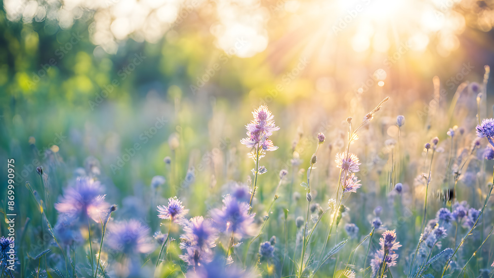 Fototapeta premium A field of flowers with the sun shining on them
