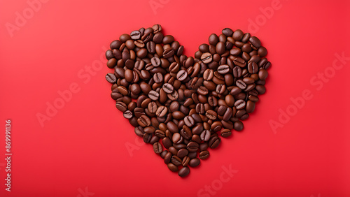 A heart made of coffee beans on a red background
