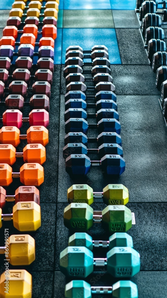 Fototapeta premium Rows of colorful dumbbells and black kettlebells in a gym. Concept of fitness equipment, strength training, gym atmosphere, workout tools. Vertical