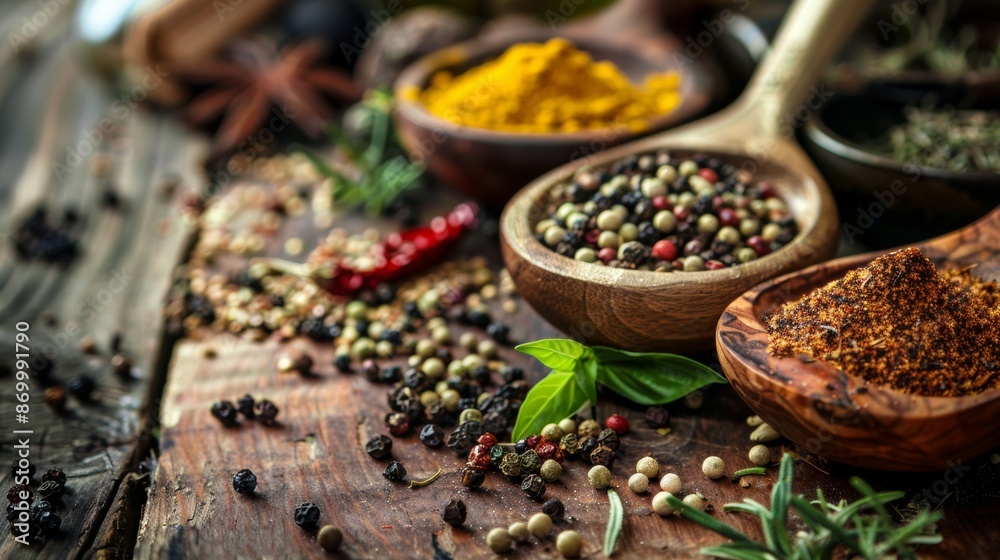 Assorted spices on rustic wooden surface Assorted spices on rustic wooden surface