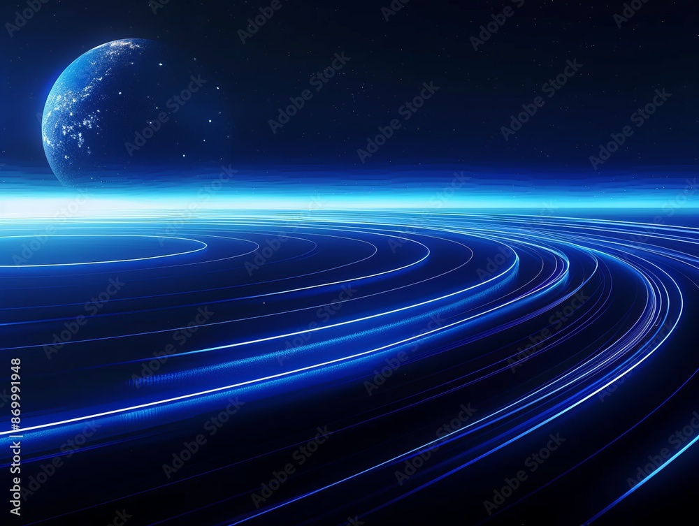 Blue background with a circular light track and a planet on the horizon, glowing lines in motion blur, glowing blue circles, a starry sky, black space around Blue background with a circular light track and a planet on the horizon, glowing lines in motion blur, glowing blue circles, a starry sky, black space around