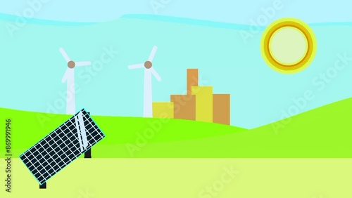 illustration of solar energy panels with ityscape on the background,flat design ilustration vector style.video animation photo