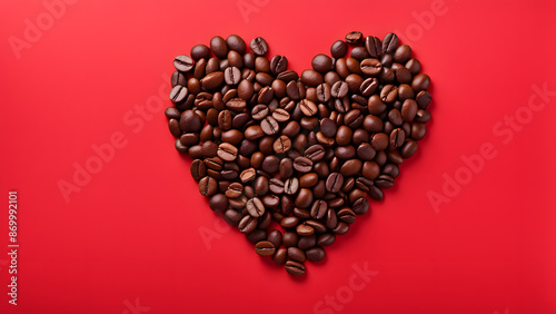 A pile of coffee beans is arranged in the shape of a heart