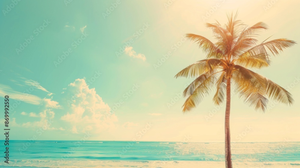 An idyllic beach scene featuring a lone palm tree standing tall against the bright sun, overlooking a tranquil blue sea under a clear heavens and some fluffy clouds. An idyllic beach scene featuring a lone palm tree standing tall against the bright sun, overlooking a tranquil blue sea under a clear heavens and some fluffy clouds.