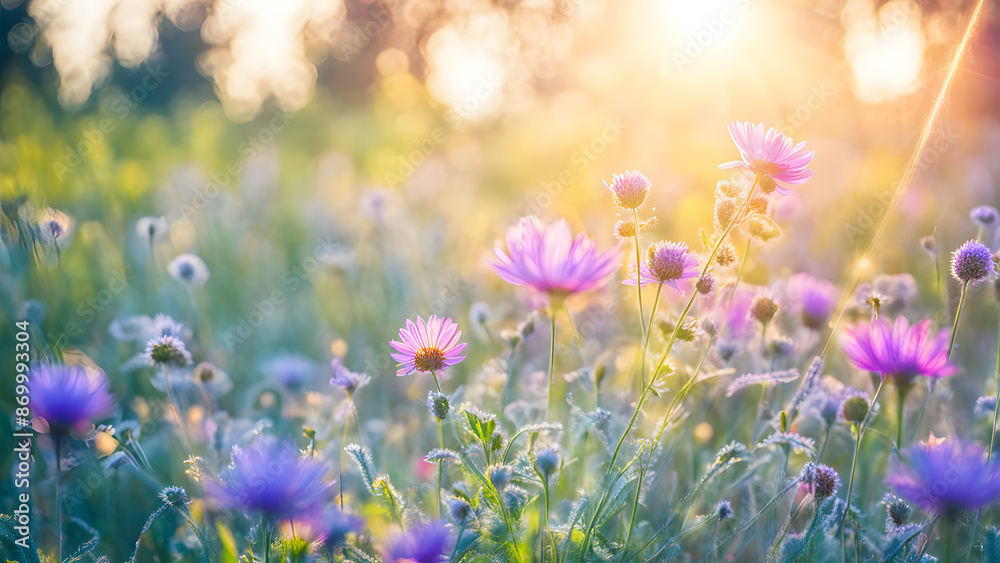 Fototapeta premium A field of purple flowers with the sun shining on them