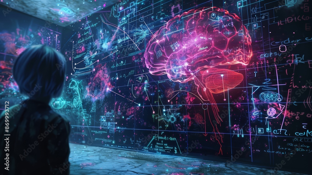 Obraz premium A futuristic concept art showing a brain with holographic projections of complex equations