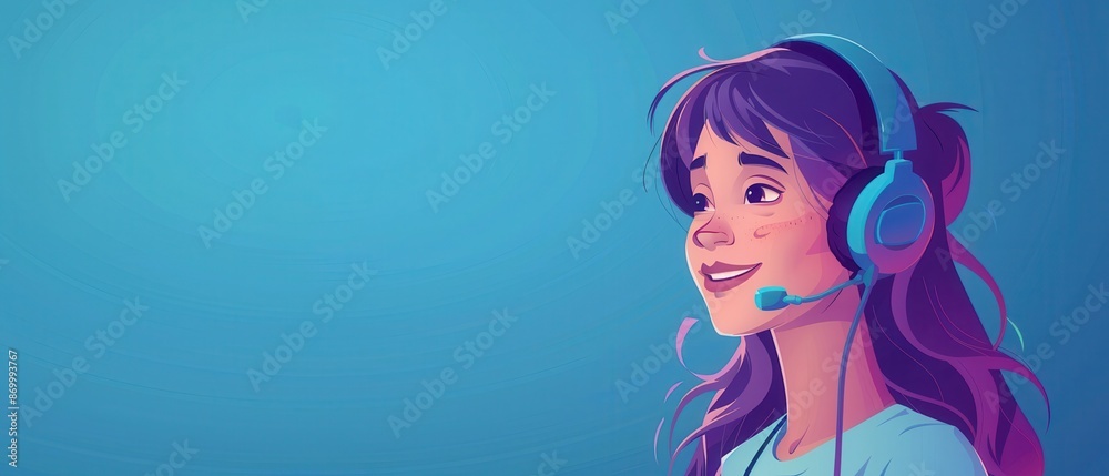 Illustration of a young girl with headphones engaging in a positive conversation against a blue background. Illustration of a young girl with headphones engaging in a positive conversation against a blue background.
