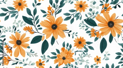 The orange and white Asoka flower pattern, surrounded by fresh green leaves, exudes a cheerful and calming charm, providing a background that is full of natural beauty and harmony.