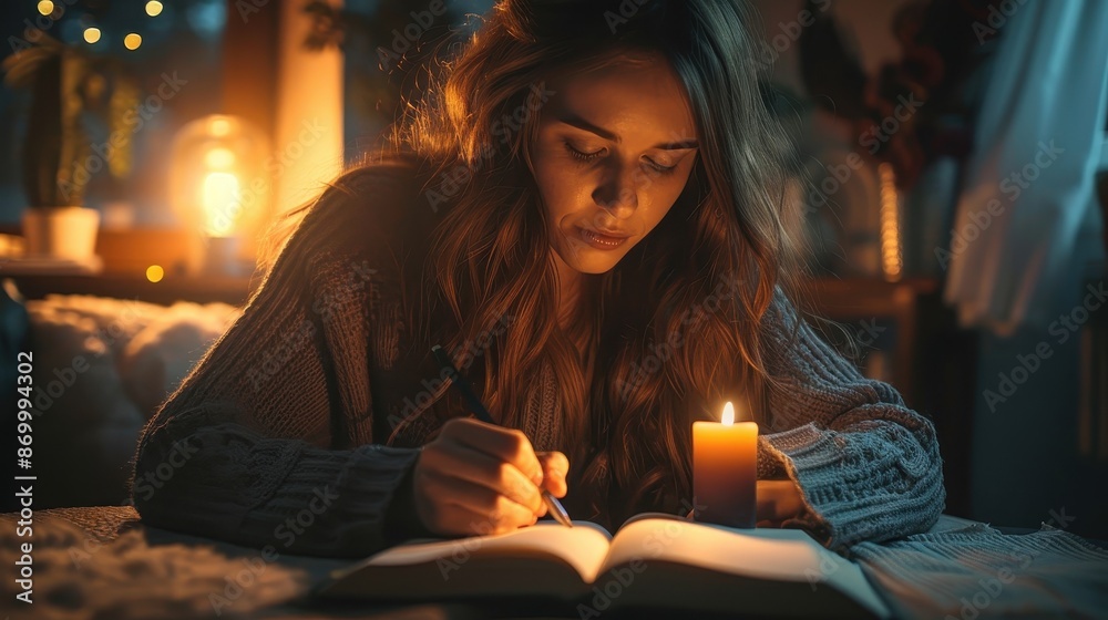 A woman is sitting on a bed with a candle and a pen A woman is sitting on a bed with a candle and a pen