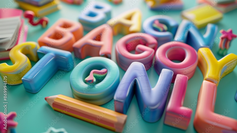 Fototapeta premium A set of colorful 3D-rendered letters with various fun objects and designs decorating the scene. The vibrant letters and playful details create a lively and engaging composition.