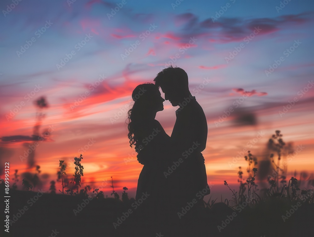 romantic couple silhouetted against vibrant sunset sky embracing in serene natural setting golden hour lighting lush landscape intimate moment captured warm color palette romantic couple silhouetted against vibrant sunset sky embracing in serene natural setting golden hour lighting lush landscape intimate moment captured warm color palette