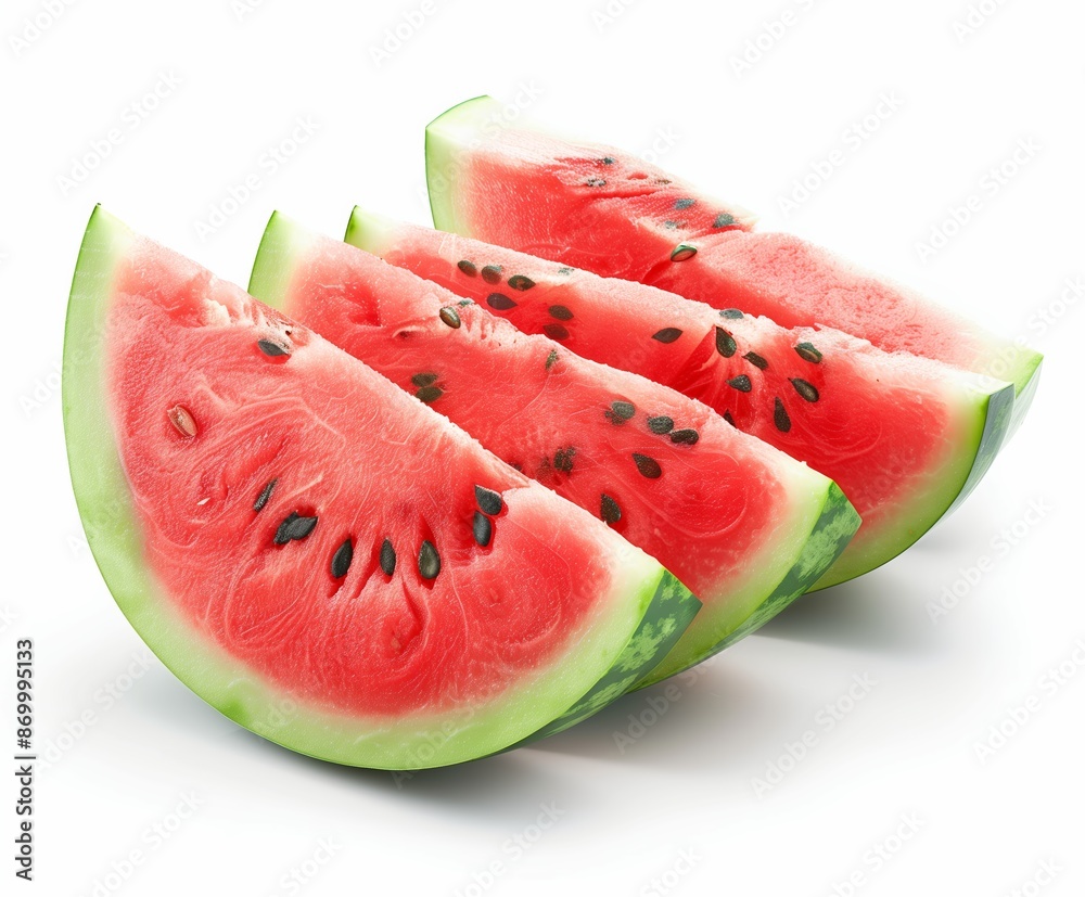 Close-up of fresh, juicy watermelon slices arranged neatly on a white background. 
