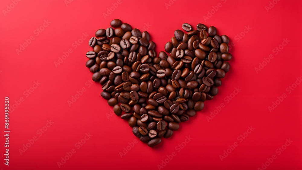 A heart made of coffee beans on a red background