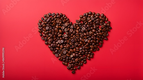A heart made of coffee beans on a red background
