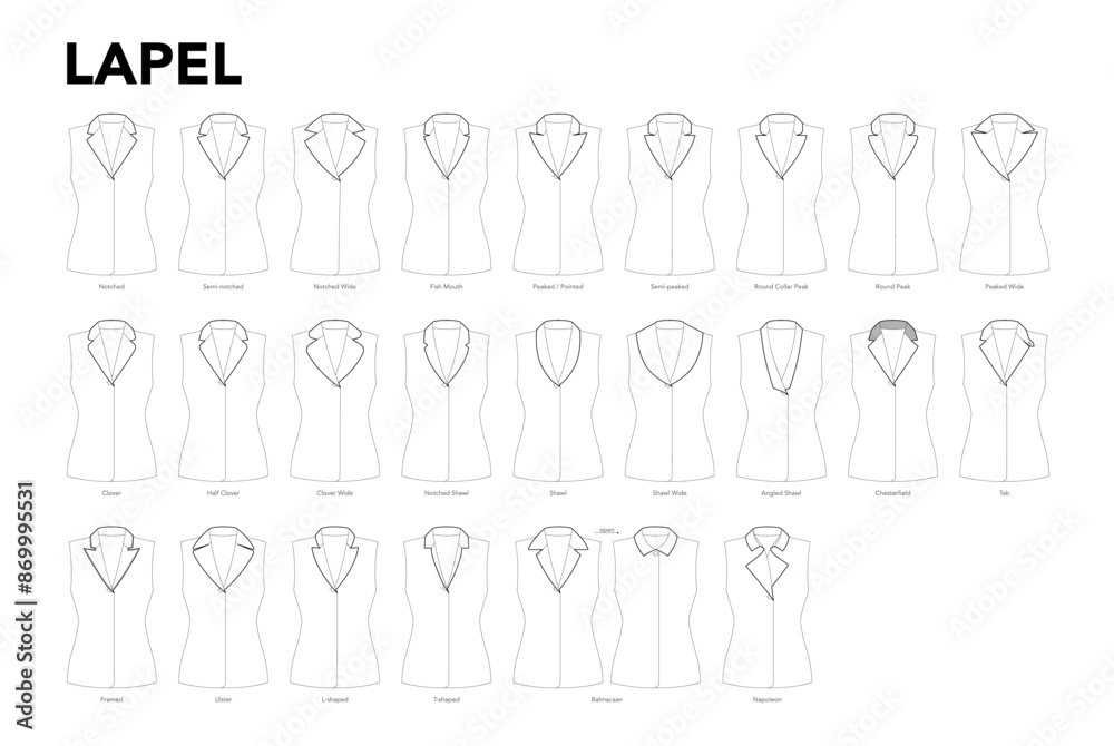Set of Lapels and collars for tops, shirts, jackets, blouses, coats styles technical fashion illustration. Flat apparel template front view. Women, men unisex CAD mockup isolated on white background