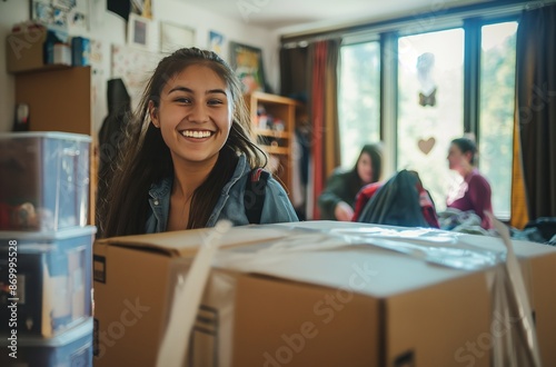 Happy student moving into new dorm room photo