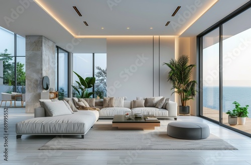 Modern Sectional Sofa in Spacious Living Room With City View and Glass Doors