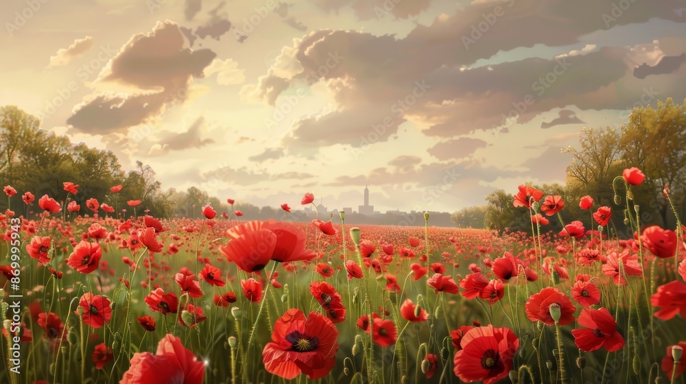 Obraz premium Create an emotional Memorial Day tribute showing a field of poppies with a backdrop of the National World War II Memorial, Arlington National Cemetery, or another significant war memorial, to honor an