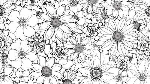 Wallpaper Mural A detailed black and white line drawing of an intricate floral pattern, featuring a variety of flowers and leaves arranged beautifully, creating a sense of elegance and sophistication. Torontodigital.ca