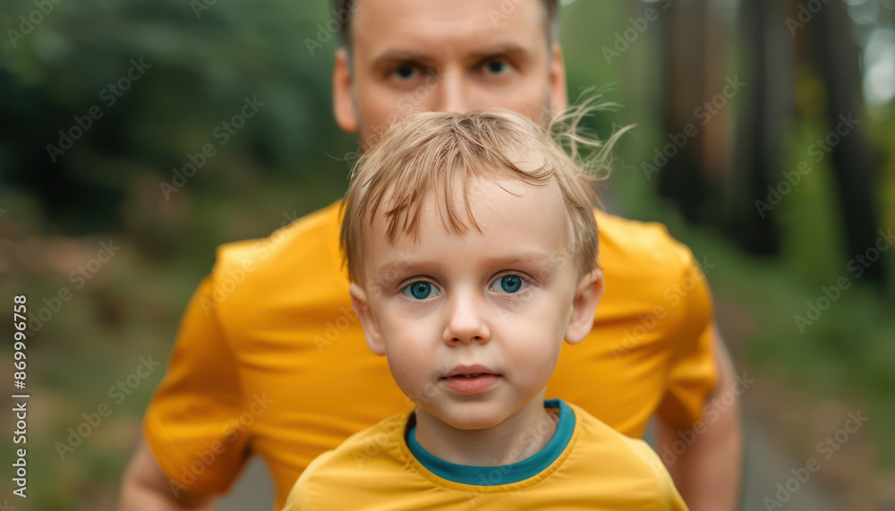 Father and Son Running Together in a Fun Race Celebrating Father's Day with Active Bonding Moments Father and Son Running Together in a Fun Race Celebrating Father's Day with Active Bonding Moments
