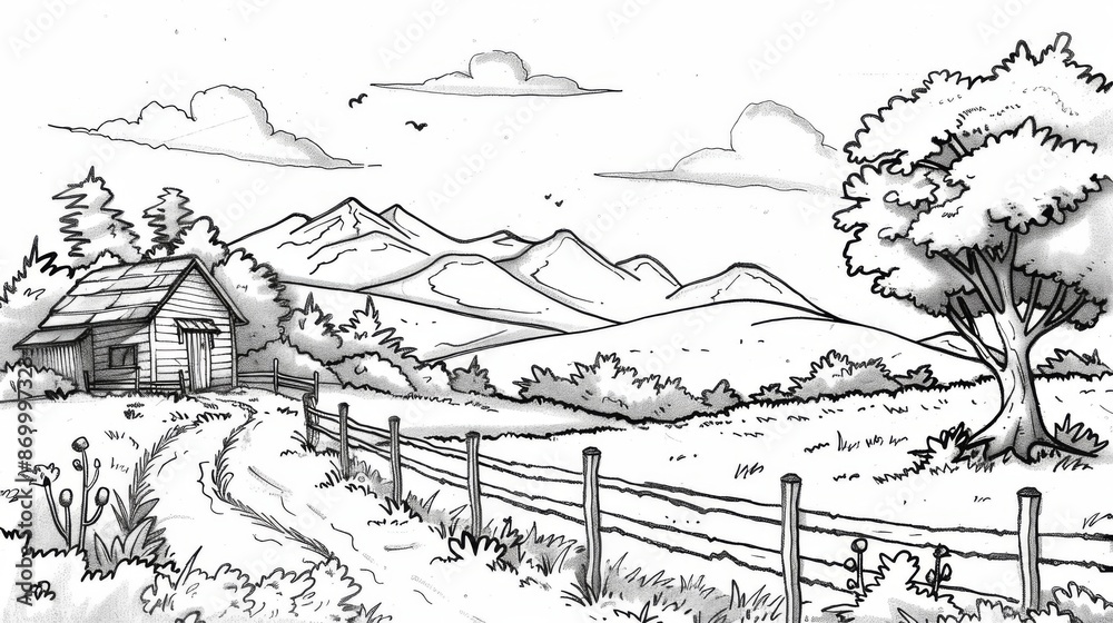 Fototapeta premium This monochrome rural scene captures a winding pathway leading to a barn, with mountains in the distance and a sprawling landscape creating a serene and peaceful atmosphere.