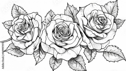 Fototapeta Naklejka Na Ścianę i Meble -  A beautifully detailed black and white illustration featuring three roses surrounded by leaves, showcasing the elegance and intricacy of nature in monochrome art.