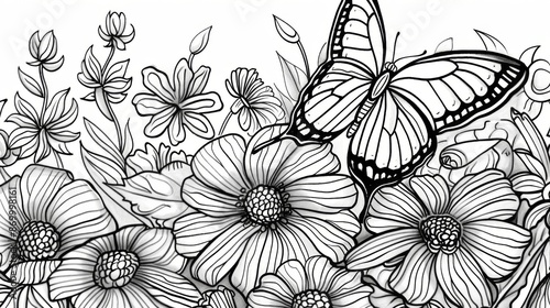 Wallpaper Mural A delicately drawn black and white illustration of a butterfly perched gracefully among detailed flowers, capturing the essence of beauty and tranquility in nature. Torontodigital.ca