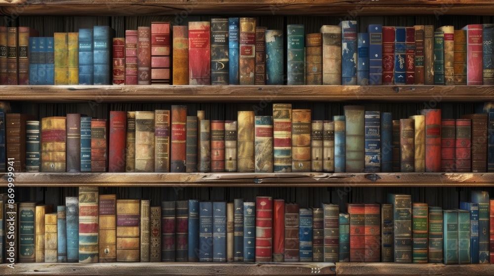 Rustic wooden bookshelves laden with a diverse selection of numerous old, weathered books, offering a window into a bygone era through their worn covers and pages. Rustic wooden bookshelves laden with a diverse selection of numerous old, weathered books, offering a window into a bygone era through their worn covers and pages.