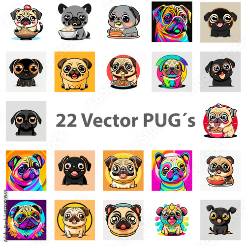 Animal Collection: Colorful Pug Bundle - Cute Cartoon Dog Vector Illustrations