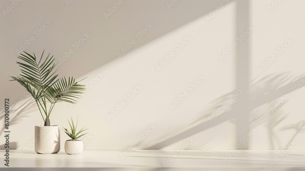 Two palm plants in sleek white pots are set against a light background, casting elegant shadows. This minimalist design speaks of tranquility and modern living. Two palm plants in sleek white pots are set against a light background, casting elegant shadows. This minimalist design speaks of tranquility and modern living.