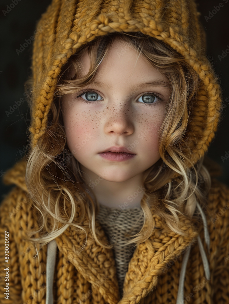 A child wearing a mustard yellow knitted hood with tassels, covering the head and neck, with a blurred face for privacy, and a grey textured garment A child wearing a mustard yellow knitted hood with tassels, covering the head and neck, with a blurred face for privacy, and a grey textured garment