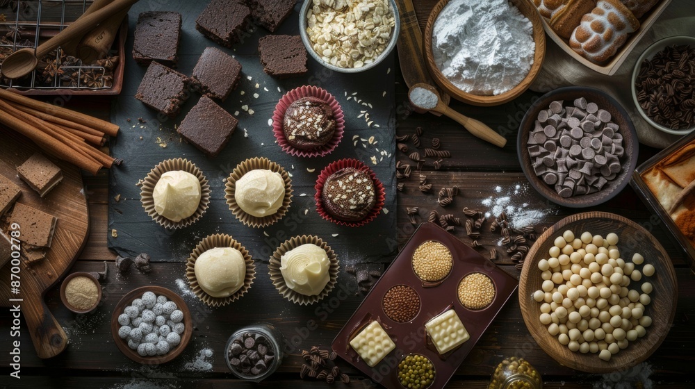 Assorted bakery ingredients and sweets on a wooden table Assorted bakery ingredients and sweets on a wooden table