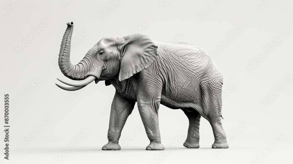 Obraz premium A gentle elephant, with its trunk raised, is illustrated with minimalist black lines on a white canvas