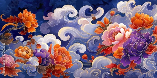 Fototapeta Naklejka Na Ścianę i Meble -  Beautifully vibrant peonies interwoven with delicate clouds against a dreamy night sky, creating an abstract and enchanting floral pattern ideal for various design projects.