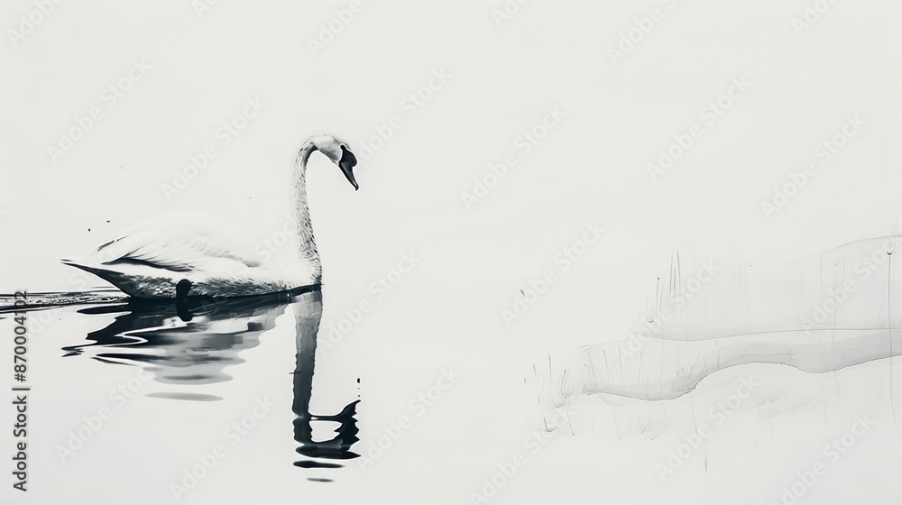 Fototapeta premium A graceful swan, gliding on an invisible pond, is illustrated with minimalist black ink on a white canvas