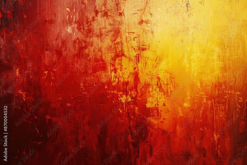 Fototapeta premium A red and yellow painting with a lot of texture and brush strokes. The painting is abstract and has a lot of energy