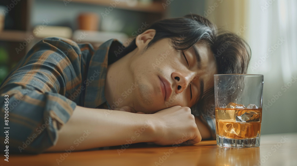 Health care alcoholism drunk, fatigue asian young man holding glass of whiskey, depressed male drink booze, sleep on table at home. Treatment of alcohol addiction, suffer abuse problem alcoholism Health care alcoholism drunk, fatigue asian young man holding glass of whiskey, depressed male drink booze, sleep on table at home. Treatment of alcohol addiction, suffer abuse problem alcoholism